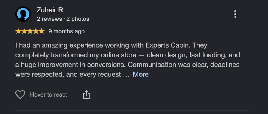 Verified Google review for Experts Cabin, Shopify developer in Pakistan