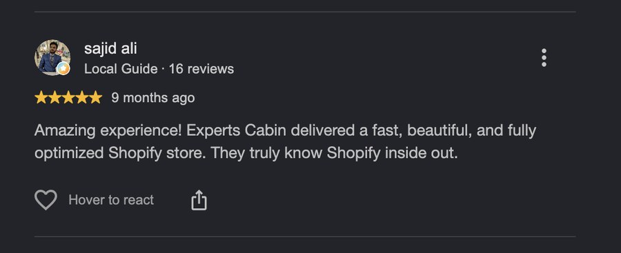 Verified Google review for Experts Cabin, Shopify developer in Pakistan