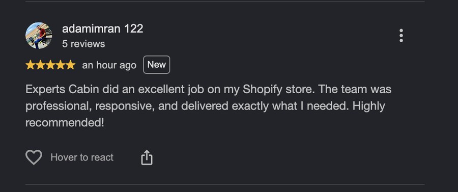 Verified Google review for Experts Cabin, Shopify developer in Pakistan