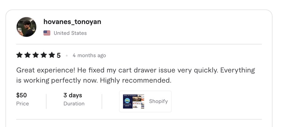 Verified Fiverr review for Experts Cabin, Shopify developer in Pakistan
