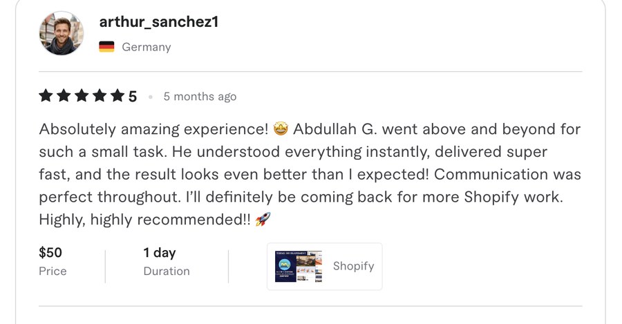 Verified Fiverr review for Experts Cabin, Shopify developer in Pakistan