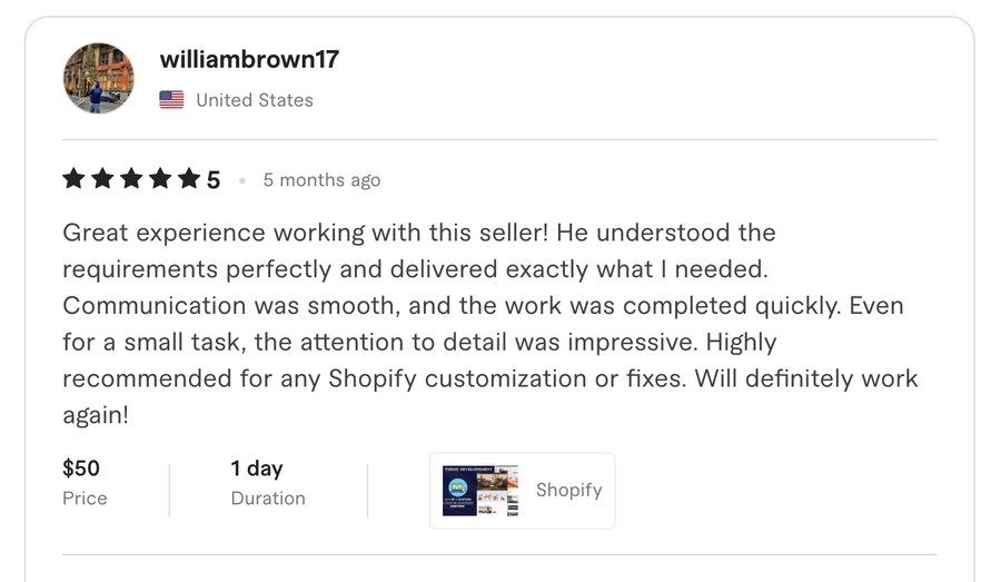 Verified Fiverr review for Experts Cabin, Shopify developer in Pakistan
