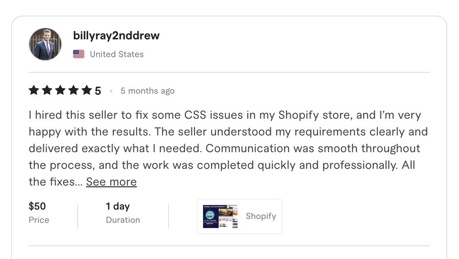 Verified Fiverr review for Experts Cabin, Shopify developer in Pakistan