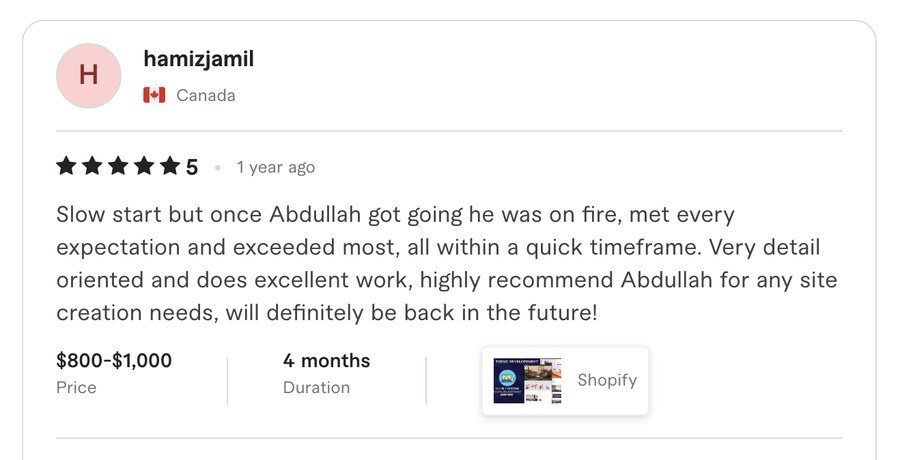 Verified Fiverr review for Experts Cabin, Shopify developer in Pakistan