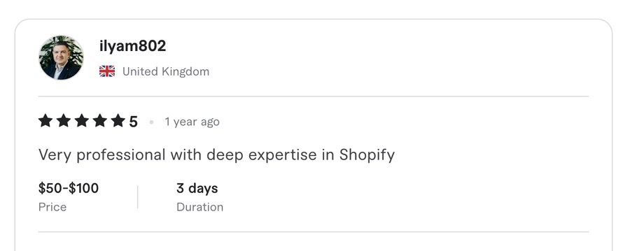 Verified Fiverr review for Experts Cabin, Shopify developer in Pakistan