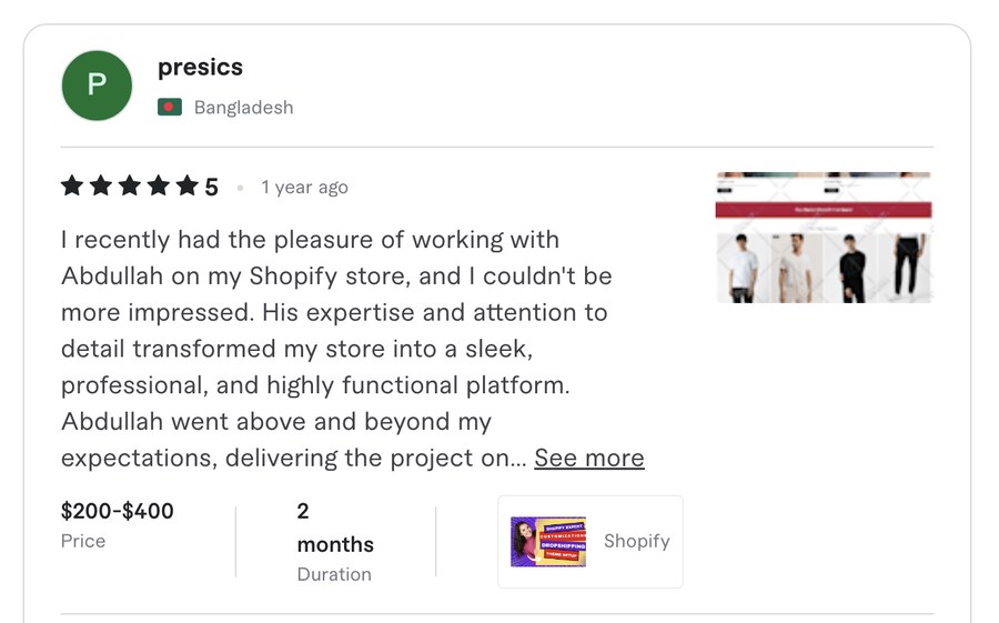Verified Fiverr review for Experts Cabin, Shopify developer in Pakistan
