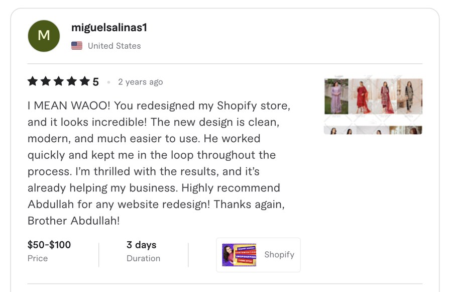 Verified Fiverr review for Experts Cabin, Shopify developer in Pakistan