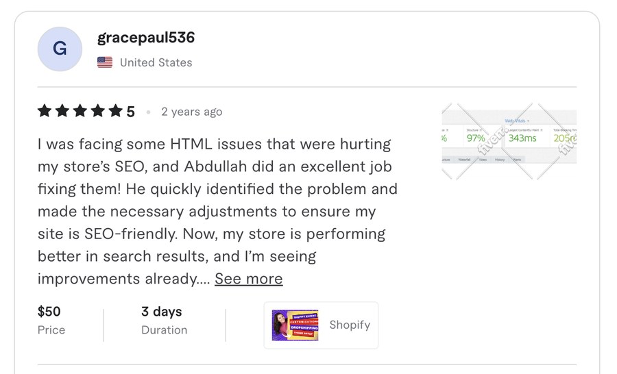 Verified Fiverr review for Experts Cabin, Shopify developer in Pakistan