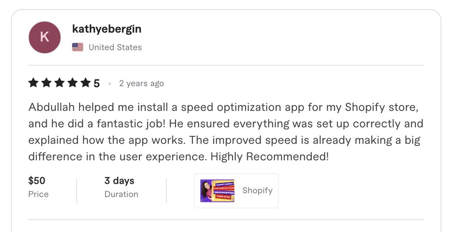 Verified Fiverr review for Experts Cabin, Shopify developer in Pakistan