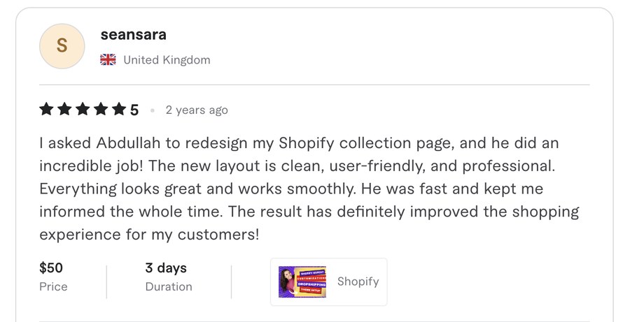 Verified Fiverr review for Experts Cabin, Shopify developer in Pakistan
