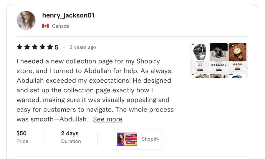 Verified Fiverr review for Experts Cabin, Shopify developer in Pakistan