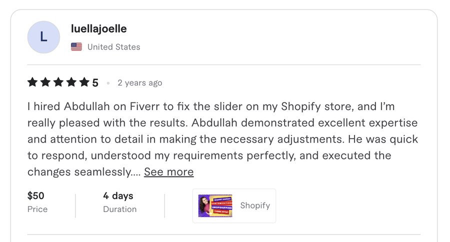 Verified Fiverr review for Experts Cabin, Shopify developer in Pakistan