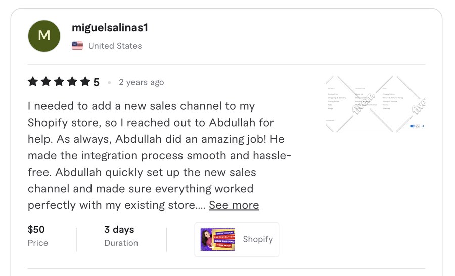 Verified Fiverr review for Experts Cabin, Shopify developer in Pakistan