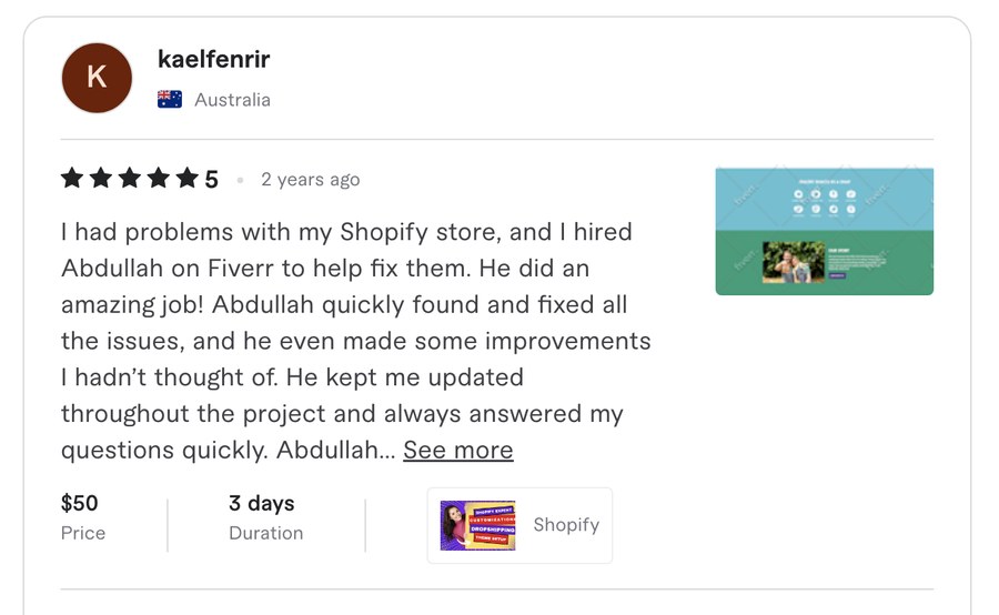 Verified Fiverr review for Experts Cabin, Shopify developer in Pakistan